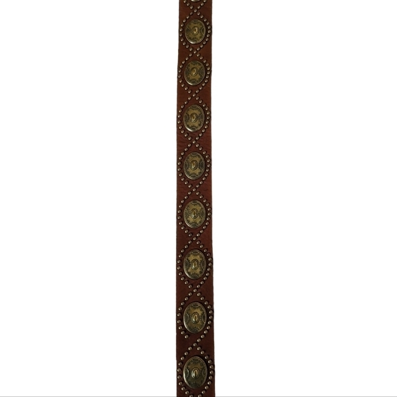 Brown genuine leather belt with brass details sz M - Picture 3 of 8